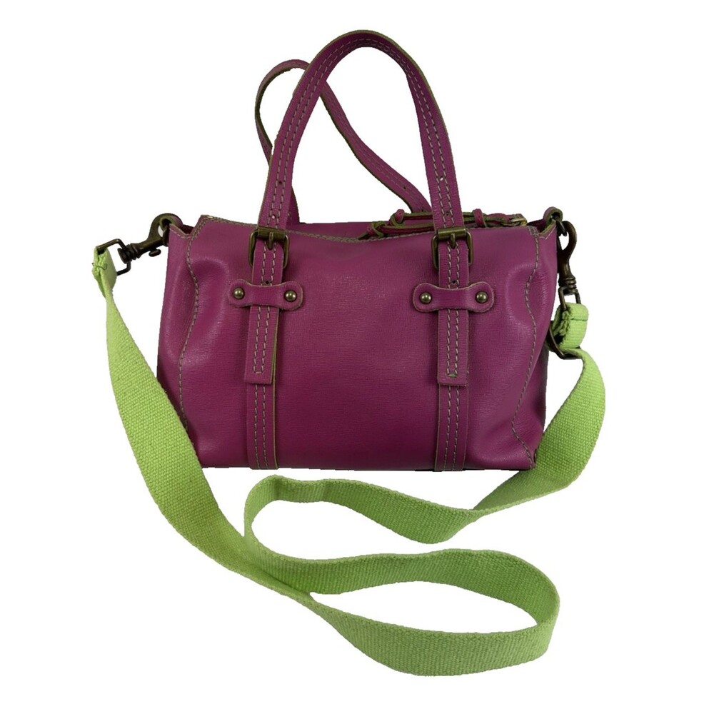 Sofia C Pink Leather‎ Satchel Purse Handbag Zip Green Crossbody Double Handles
